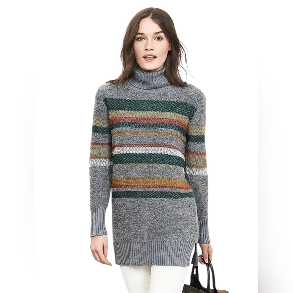 Banana Republic Gray Striped Wool Alpaca Blend‎ Turtleneck Sweater Tunic Size M